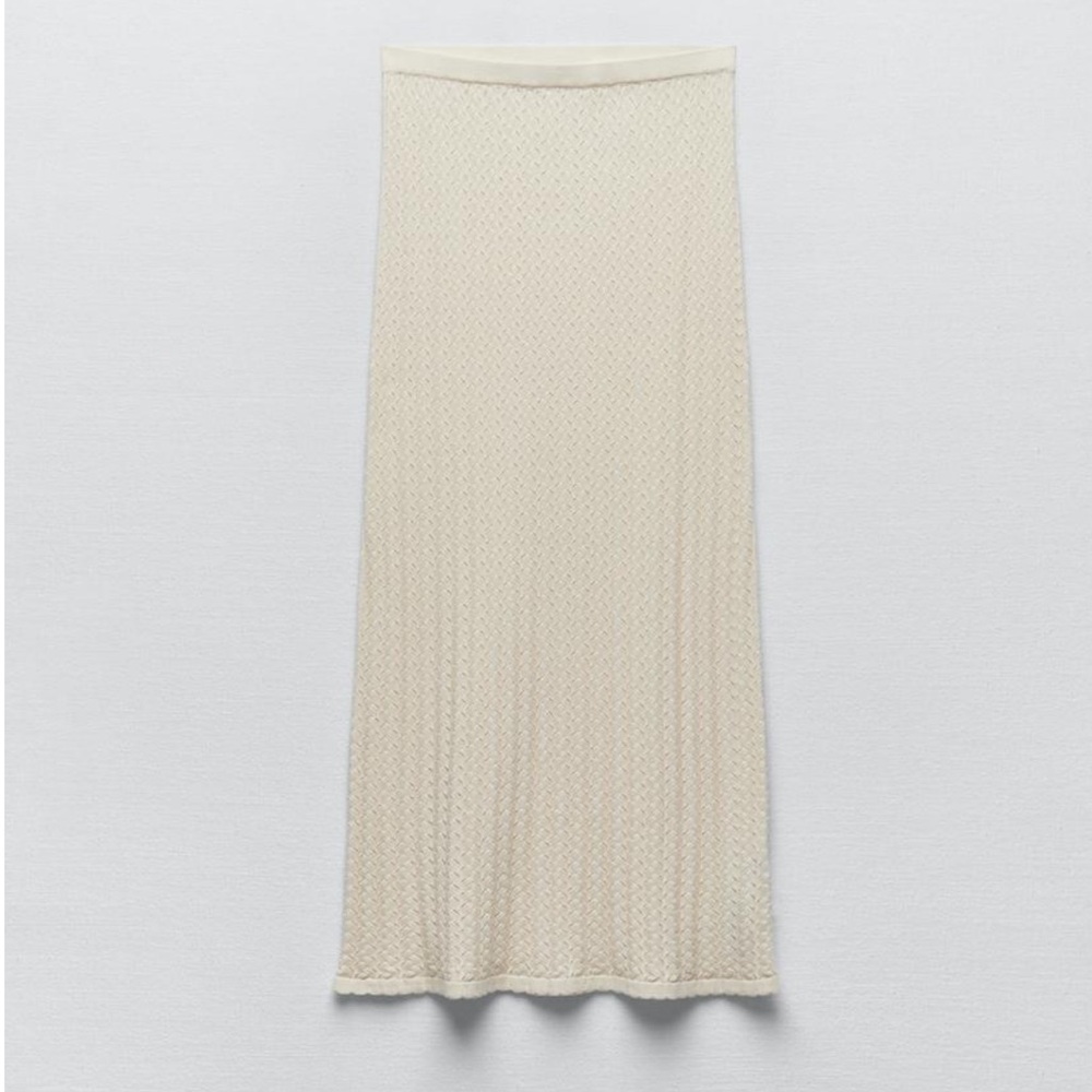 Zara Pointelle Knit Midi Skirt in Cream